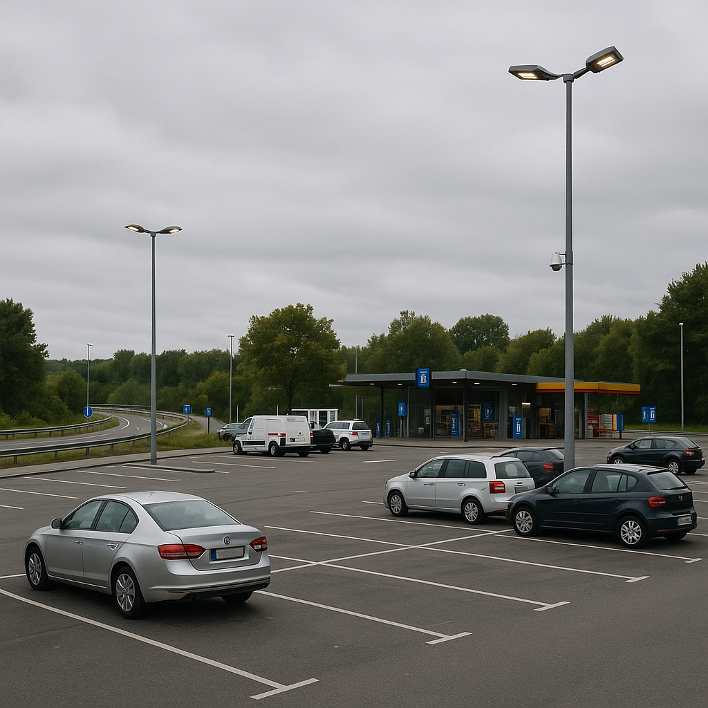 Aire de covoiturage sur une autoroute avec des voitures stationnées